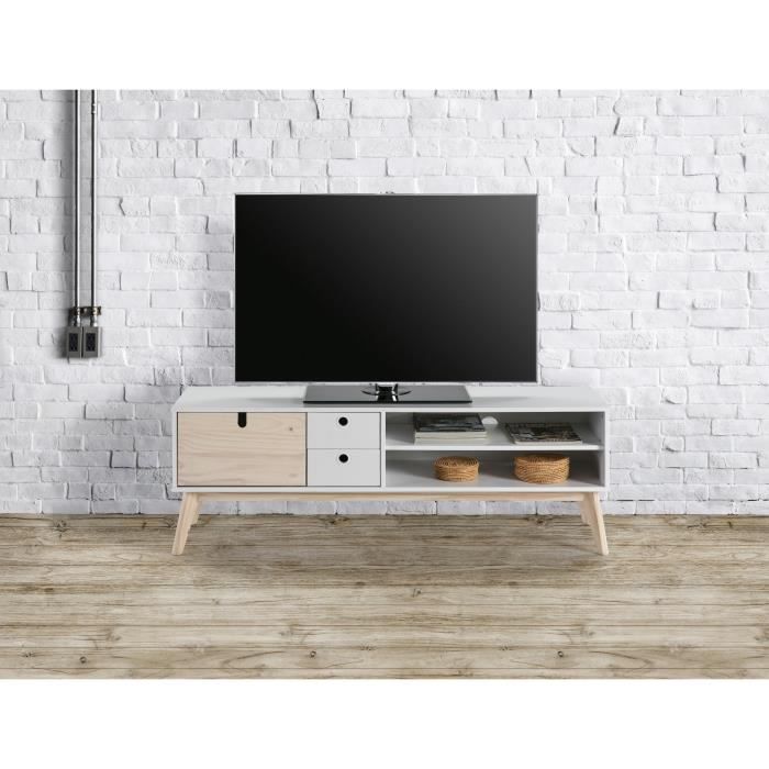 AYORA Meuble TV 1 porte 2 tiroirs en pin massif - Décor naturel et blanc - L 140 x P 37 x H 48,8 cm