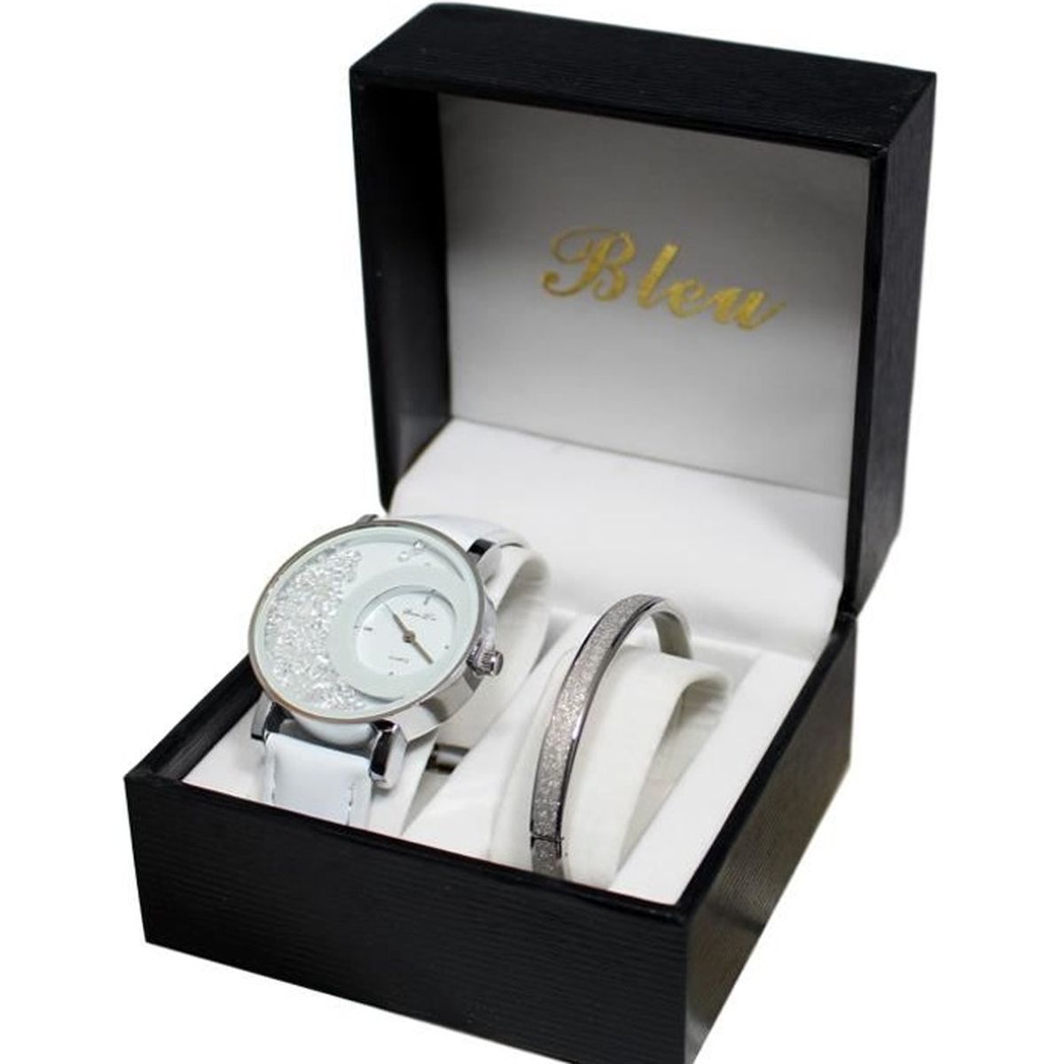 Coffret Montre Femme Cuir Blanc Strass Cristal + Bracelet Jonc Argenté ...