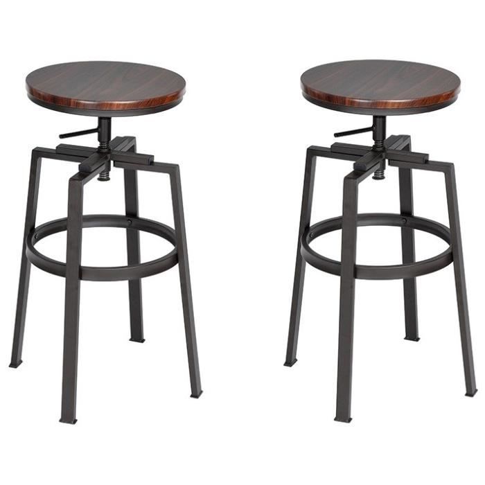 AMAT Lot de 2 tabourets de bar wengé en métal - Revêtement PVC wengé - Industriel - L 36 x P 36 cm