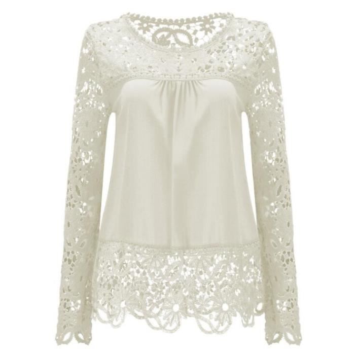Chemisier Femmes Pur Manche Broderie Dentelle Mousseline De Soie Chemise - 