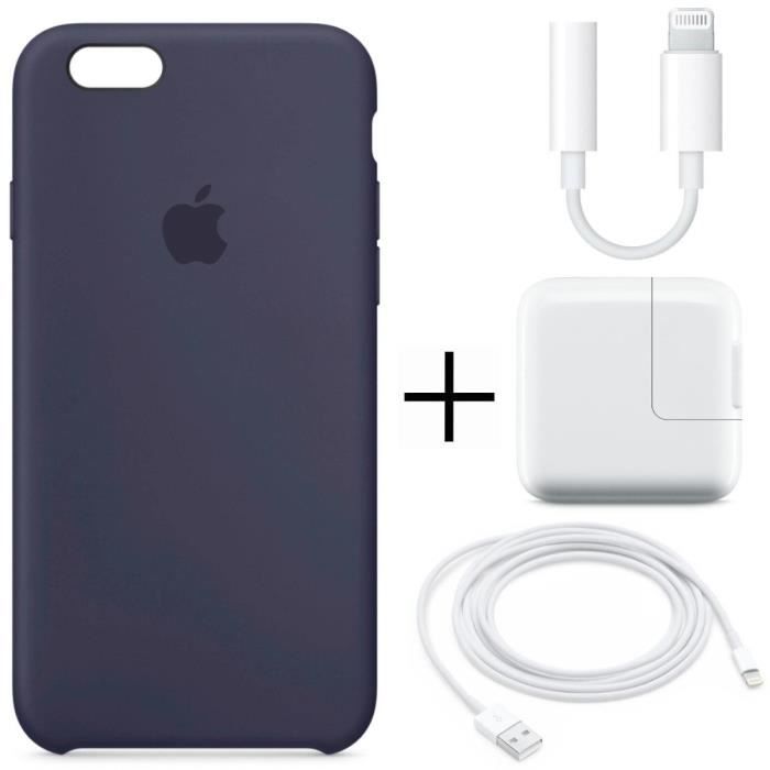 Pack Silicone Iphone 6 et 6 S : Coque Silicone Bleu Nuit + Cable adaptateur + Adaptateur secteur + Câble Lightning