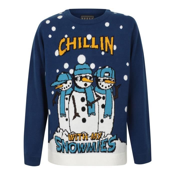 Pull de Noël Bonhommes de Neige Bleu Enfant Garçon