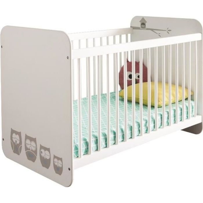 HIBOUX Lit Bébé à Barreaux 60x120 cm Blanc Velours