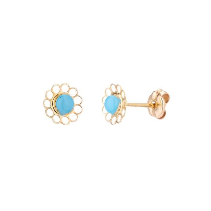 YSORA - Boucles D'Oreilles Rosace Turquoise en Or Jaune 9 Carats - Enfant
