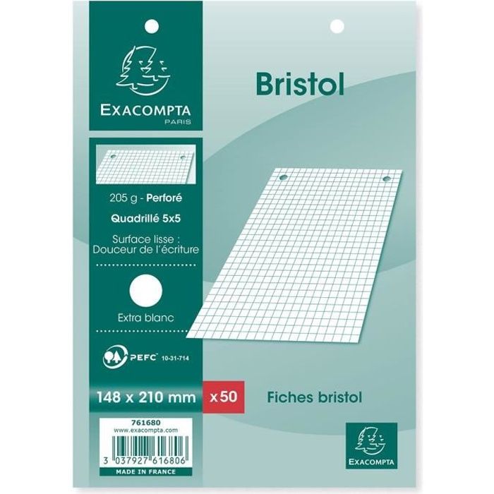 EXACOMPTA - 50 fiches Bristol blanches - 14,8 x 21 - Perforées - 5 x 5 - Papier P.E.F.C. 205G