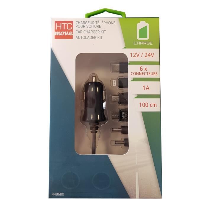 M500 Chargeur allume cigare 12 / 24 V 1 A avec 6 adaptateurs : NokiaX2, mini USB, Micro USB, IPHONE 5 / 6 / 7 / 8 / X & type C