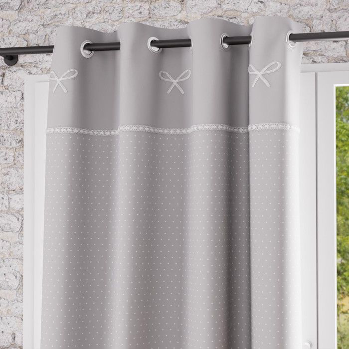 SOLEIL D'OCRE Rideau à Œillets brodé Emilie 100% coton 140x200 cm gris et blanc