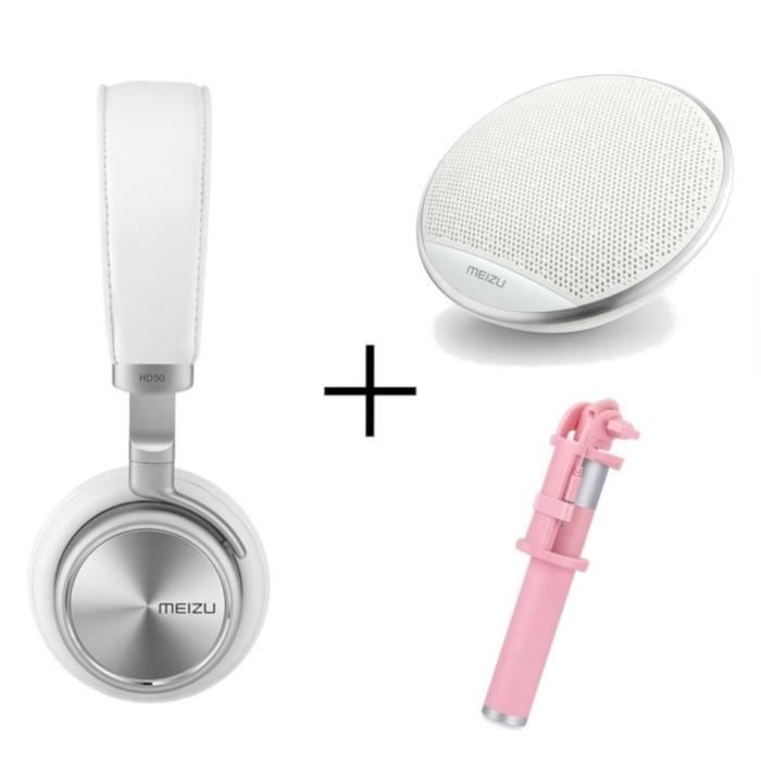 MEIZU Casque filaire Audio HD50 Blanc + Enceinte Bluetooth portable A20 Compacte + Perche Selfie Rose