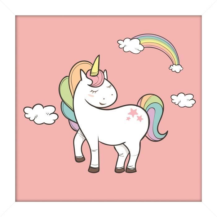 Image encadrée type coffre Licorne - MDF - 22x22 cm - Rose et blanc