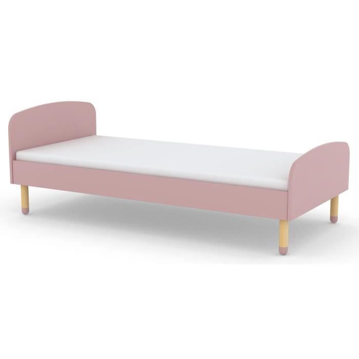 PLAY Lit enfant scandinave en MDF et bois massif rose laqué - Sommier inclus - l 90 x L 190 cm
