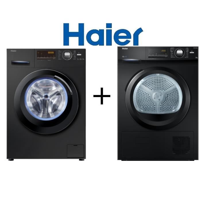 PACK LAVAGE HAIER W836B-Lave linge frontal-8 Kg-1400 tours-A+++ / HD836B Sèche-linge 8 kg classe B-noir