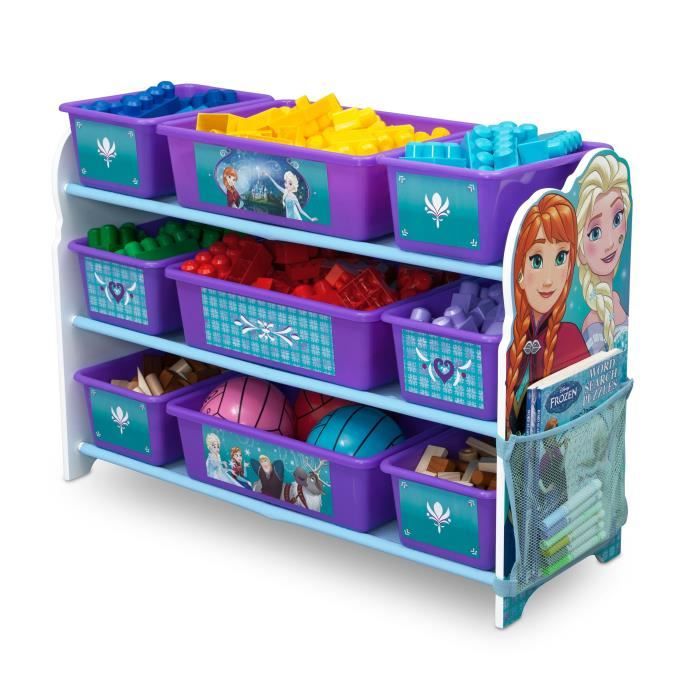 LA REINE DES NEIGES - Meuble Enfant en Bois avec 9 bacs de Rangement en Plastique - Bleu et Multicolore