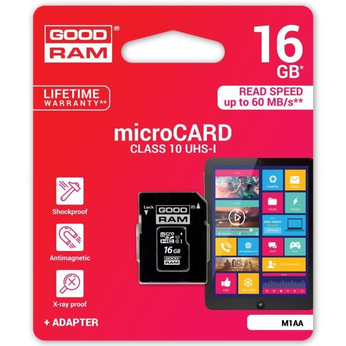 Good Ram Carte mémoire Micro SDHC 16 Go classe 10 UHS-1 + adaptateur