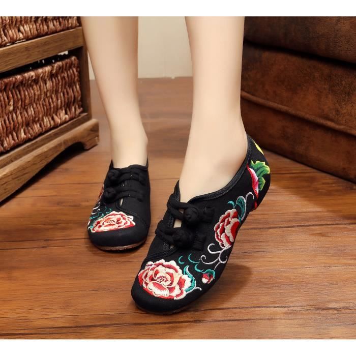 Noir Broderie Chaussures rouge Mocassins Femmes Pivoine De qZXawUS