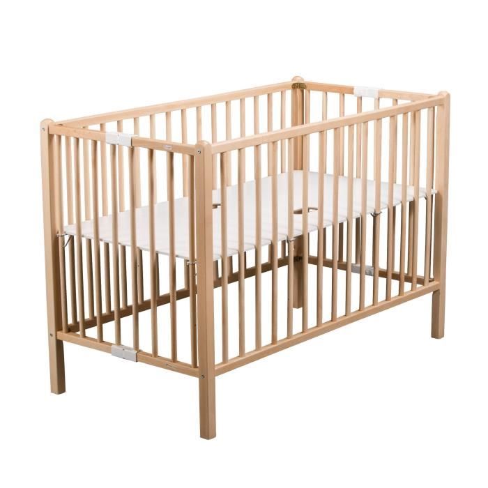 TINEO Lit Bébé à Barreaux 60x120 cm Pliant Vernis Naturel