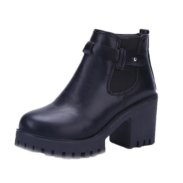 Femmes Bottes Plateformes Talon Carré Cuisse Haute Pompe Bottes Chaussures de Moto@Noir