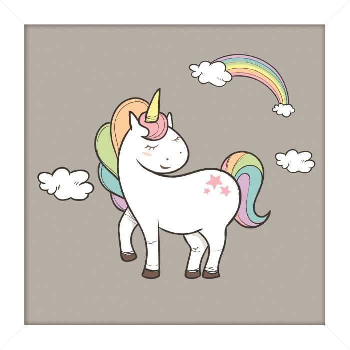 Image encadrée type coffre Licorne - MDF - 22x22 cm - Gris et blanc