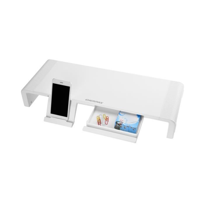 ENERMAX support pour moniteur blanc réglable en largeur, tiroir coulissant, espace de rangement, robuste pour des charges jusqu'à 20