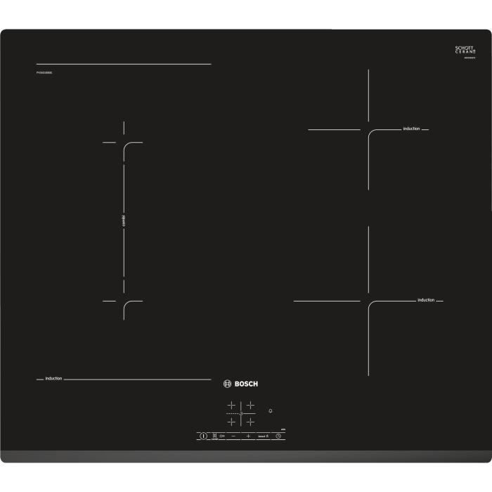 BOSCH PVS631BB5E Table induction 60 cm - Affichage digital - Commande TouchSelect (+/-) - Devant biseauté - 4 foyers