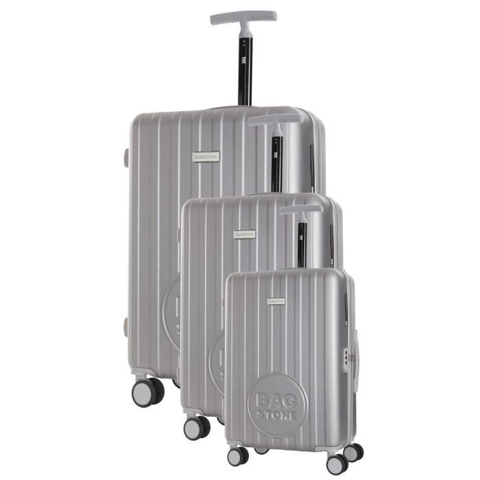 BAGSTONE Set de 3 Valises Lucky - Taille S, M et L - 8 Roues - Argenté