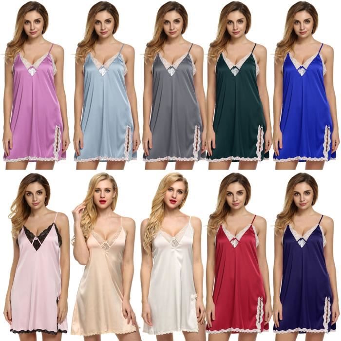 Femme Bretelles Nuit Finejo Pyjama Beige Dentelle En Chemise De Sexy À Robe Satin qtBPCxTw