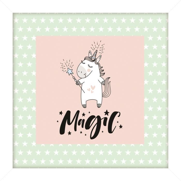 Image encadrée type coffre Licorne magic - MDF - 22x22 cm - Vert, rose et blanc
