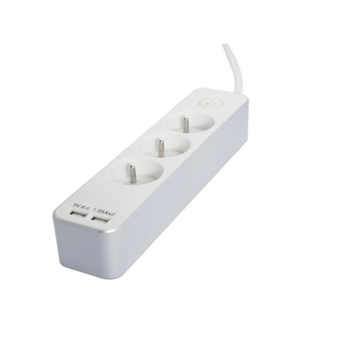 CHACON Bloc multiprise 3 prises 16 A avec 2 ports USB et câble 1,5 m HO5VV-F 3x1,5 mm² blanc et argenté