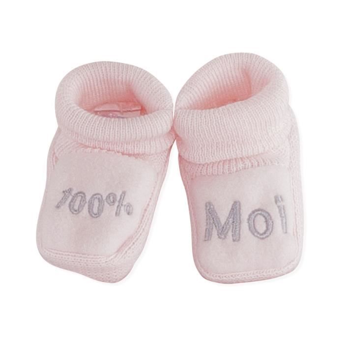 Chaussons brodés bébé Fille TROIS KILOS SEPT - 1 mois Rose et gris \