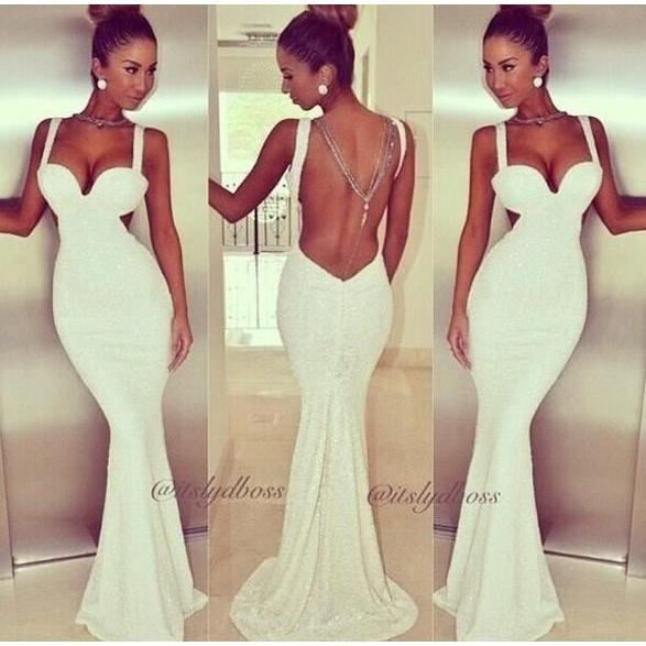 ROBE Sexy robe longue de soirée col V dos,nu blanche