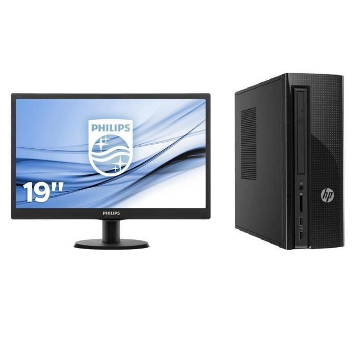 Pack HP PC de bureau - 4 Go de RAM - Windows 10 - AMD E2-7110 - AMD Radeon R2 Graphics - Disque dur 1 To + PHILIPS Ecran 19''