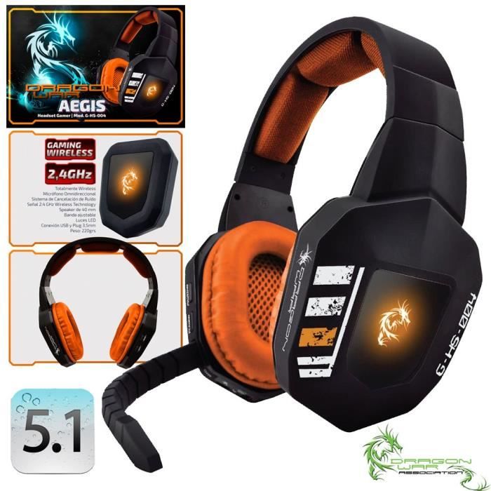 Casque Gamer Pc Ps4 Ps3 Sans Fil Aegis Orange 51 Dragonwar Achat