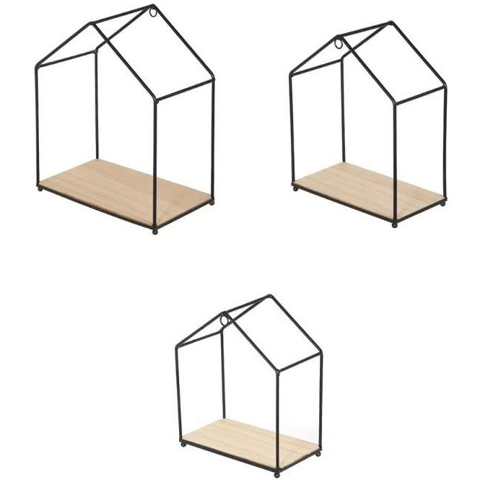 THE HOME DECO FACTORY Lot de 3 étagères filaires en forme de maison - Bois et métal - 23x27x13 / 20x24x11 / 17,5x20,5x9,5 cm