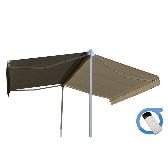 Store double pente motorise 4x3x2 m Toile taupe et structure blanche satinee GARDEN OMBRAZUR