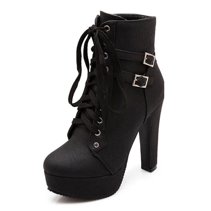 beige Talon Boots marron Bottes Noir Martin Lacet Bottines Lacets Hiver Automne Bout Couleur Haut Tomwell Boucle Femme Rond Et À Cheville Unie aEwqfRgx1
