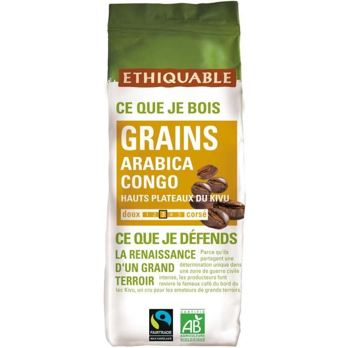 ETHIQUABLE Café Congo en grains Bio - 250 g - 100% Arabica - intensité 3/5