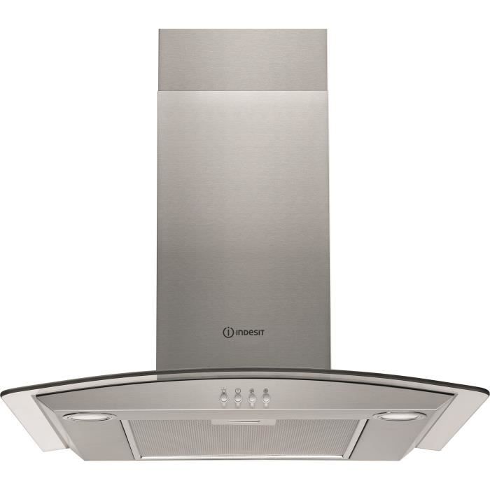 INDESIT IHGC6.4AMX - Hotte décorative - L 60 cm - 432 m3 air / h - 65 dB max - Evacuation ou recyclage - 3 vitesses - Inox
