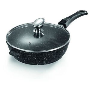 Po/êle Wok noire Pierre volcanique anti-adh/ésive avec rev/êtement en pierre de lave et couvercle en verre