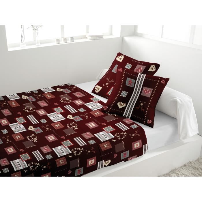SOLEIL D'OCRE Parure de lit ALPAGE 100% coton flanelle - 1 drap housse + 1 drap plat et de 2 taies d'oreiller - Rouge