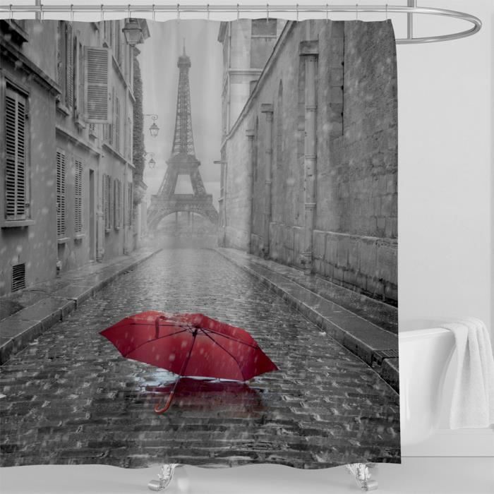 Rideau de douche Paris parapluie la rue tour Eiffel anneaux inclus ... Rideau de douche Paris parapluie la rue tour Eiffel anneaux inclus ...