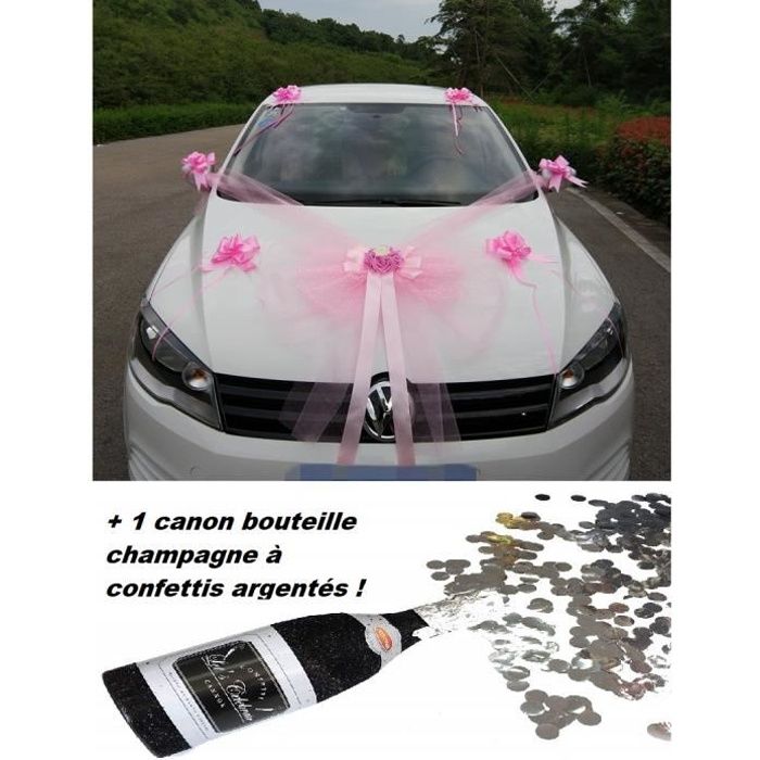 Kit Décoration Mariage ROSE 11 Pièces, noeud Voiture Mariés , Bouquet Fleurs Tulle Ruban + 1 canon confettis pailletés argent offert