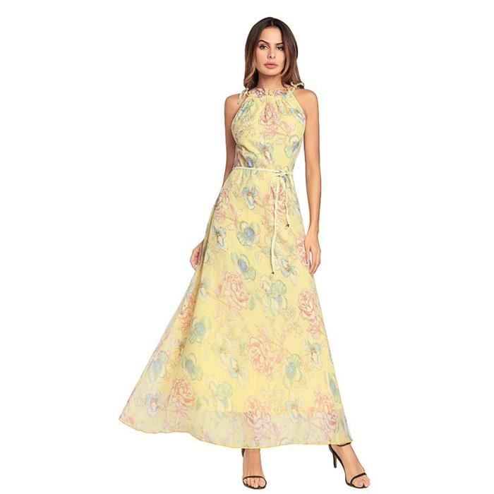 WoWa® Femme Robe Bohême Maxi Longue Floral Imprimé Robe de Plage Robe de Cocktail , Jaune