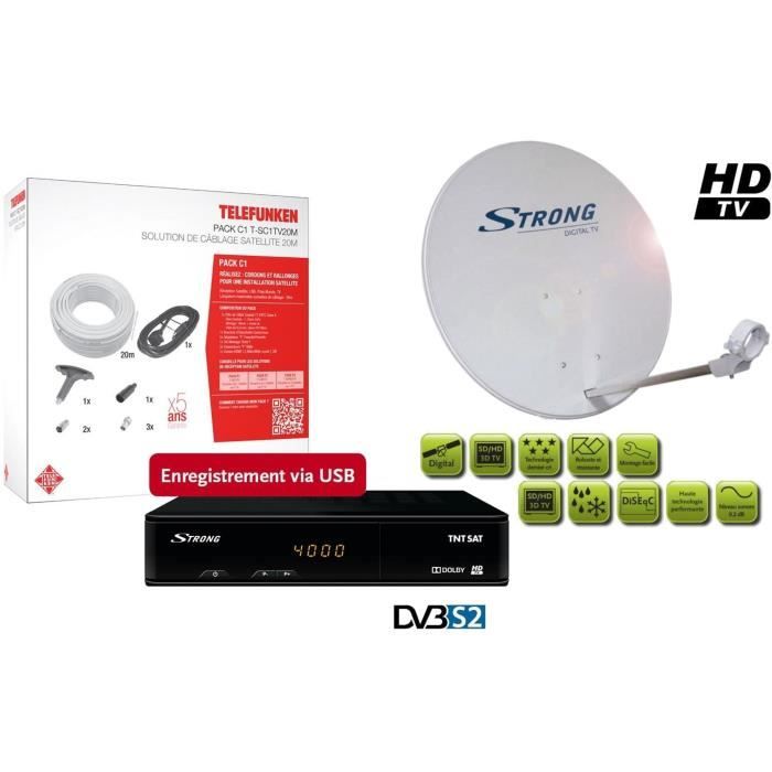 STRONG SRT 7404 Récepteur satellite HD + Parabole avec tête LNB + Pack câblage satellite 20m
