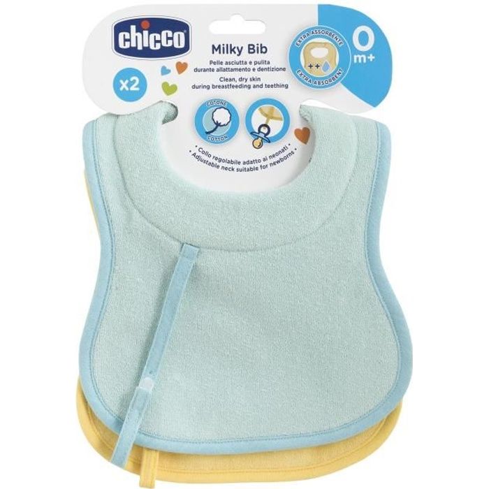 CHICCO Bavoir d'allaitement et de succion tour de cou rembourré x2 bleu & jaune 0m+