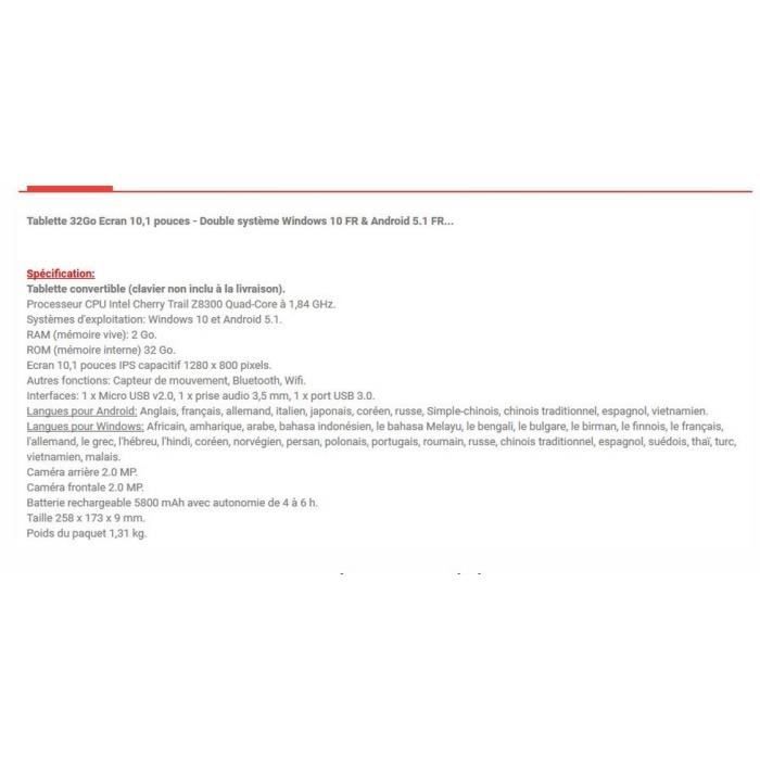 Tablette 32Go Ecran 10,1 pouces - Double système3