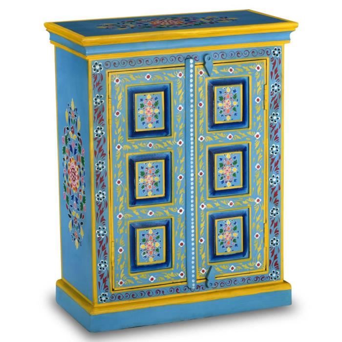 Buffet Bois Massif De Manguier Peinture Manuelle Turquoise 60 X 30 X
