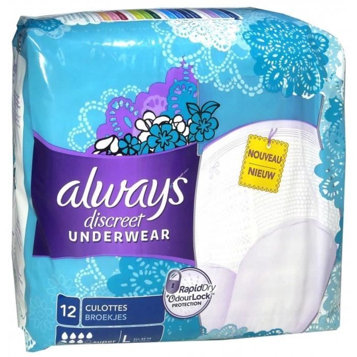 Culottes pour fuites urinaires Femme ALWAYS DISCREET Taille L Incontinence forte Lot de 12