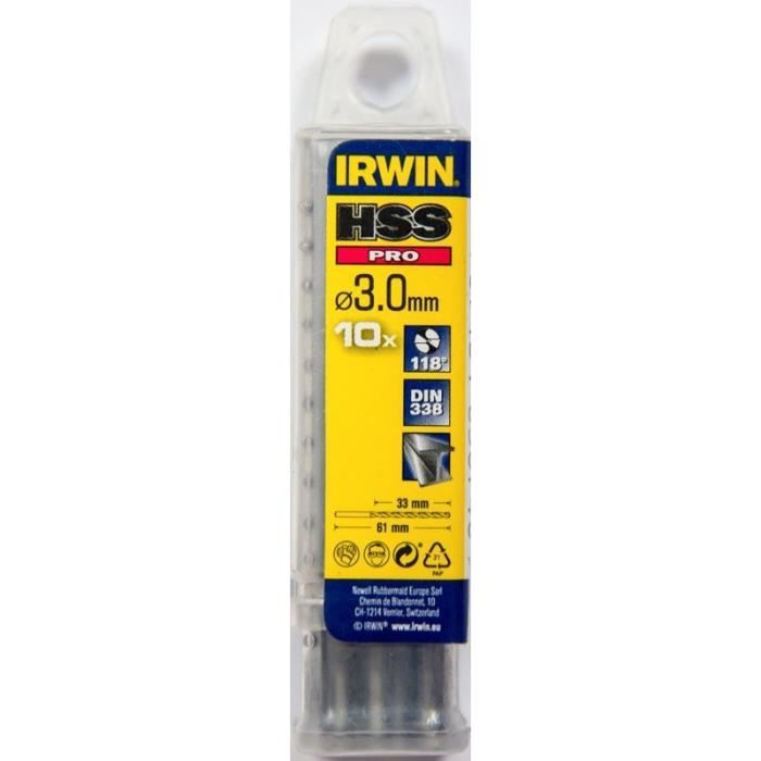 IRWIN Forets HSS PRO tailles meules O 3 mm Longueur 61 mm Lot de 10