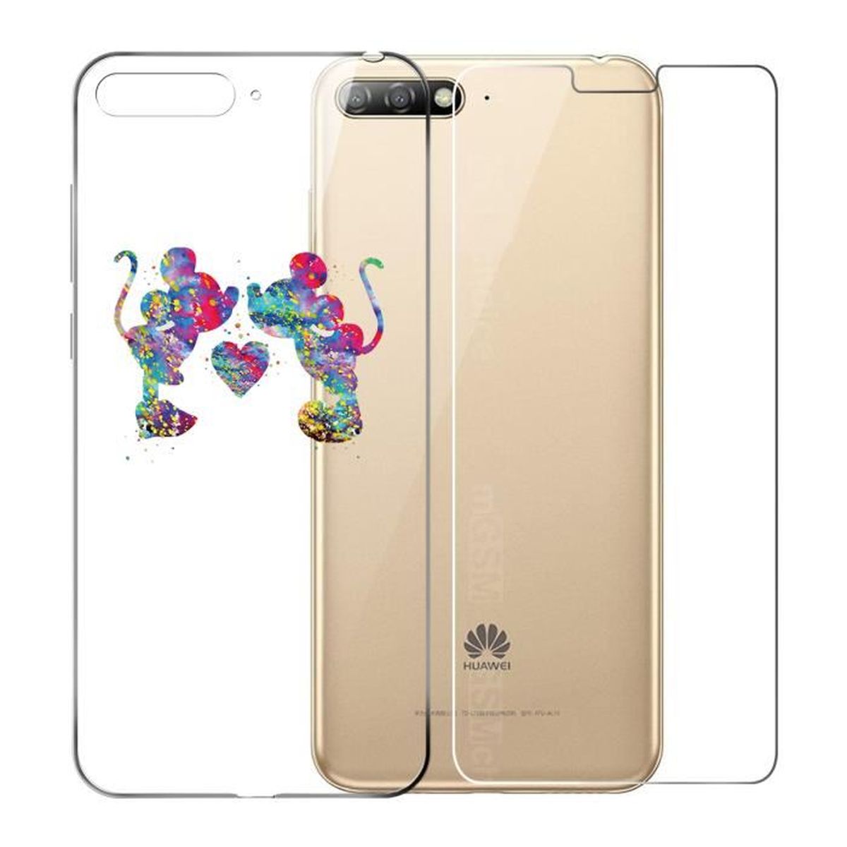 Coque pour Huawei Y6 2018 Transparente Etui ( TPU+ Verre trempé ) Housse Case Mickey coloré