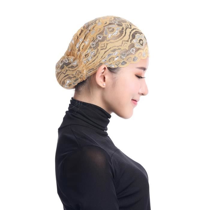 Muslim Islamic Women\u0027s Lace sous l\u0027application d\u0027Hijab bonnet Cap Headwear Inner Hat Soil Yellow