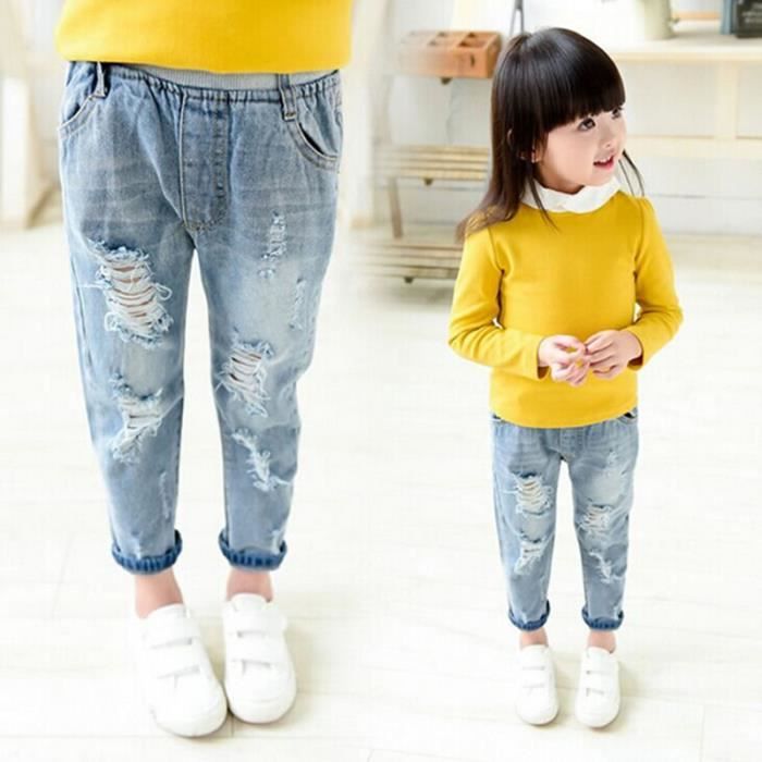 KIDSCOOL SPACE Jeans Bébé Fille Avec Bande Élastique Intérieure - Pantalon Denim Déchiré Tendance